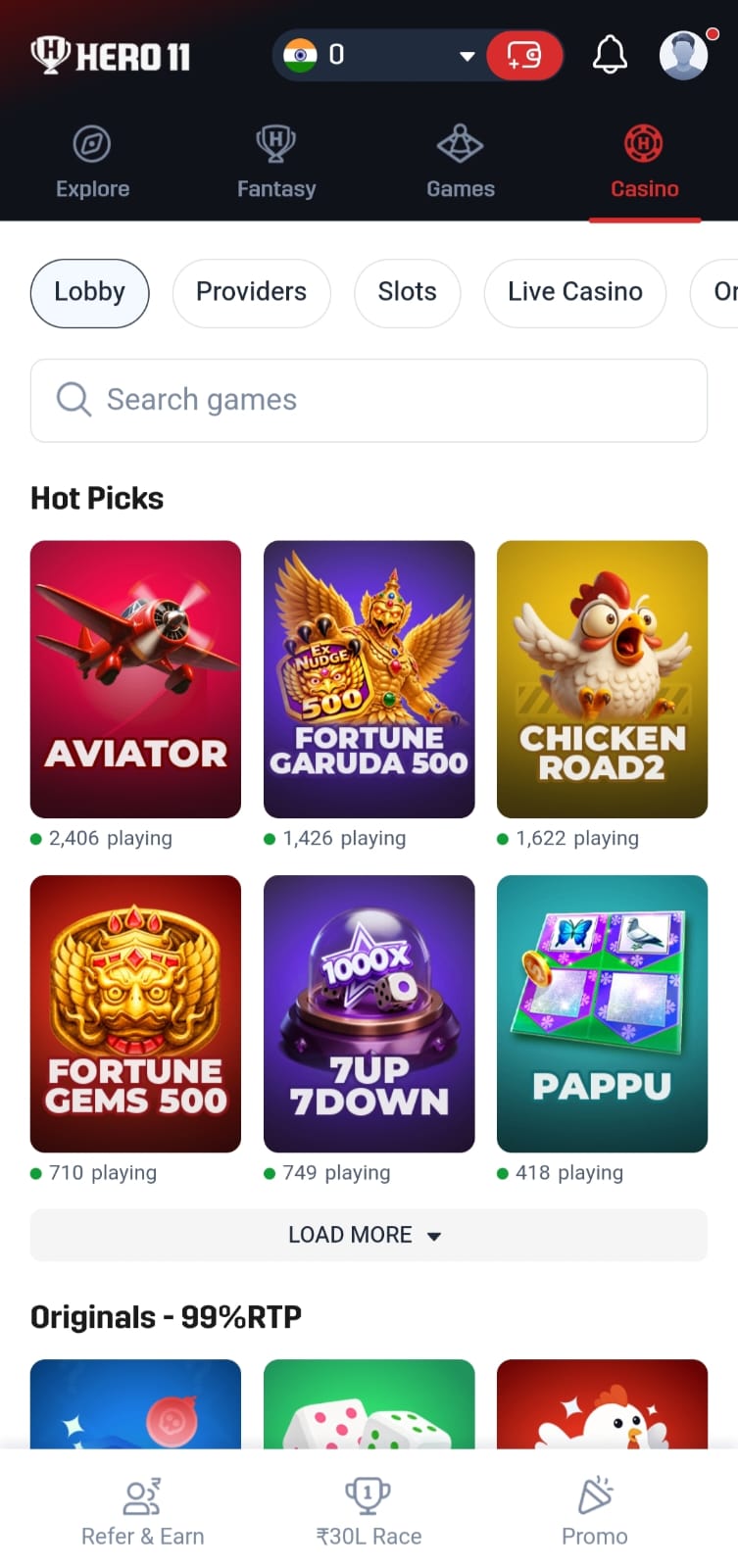 Hero11 Casino tab on a phone.