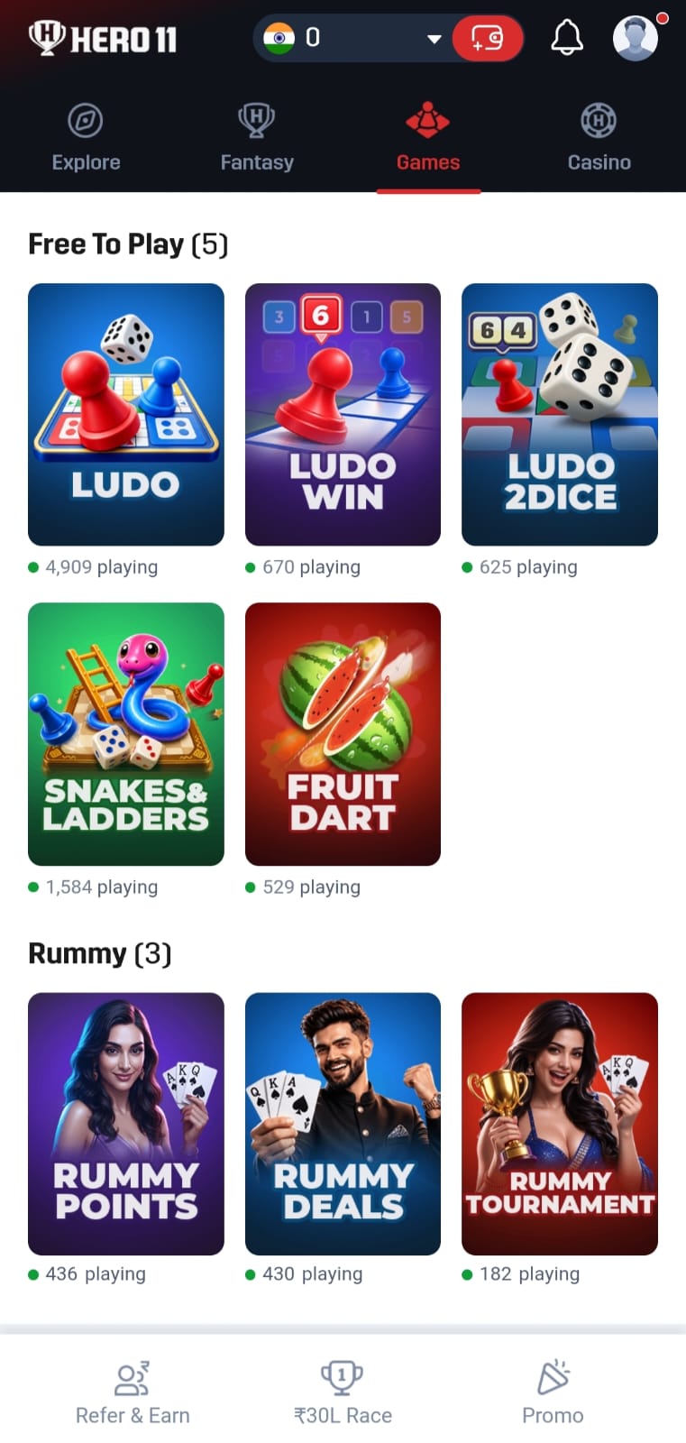 Hero11 Games tab on a phone.